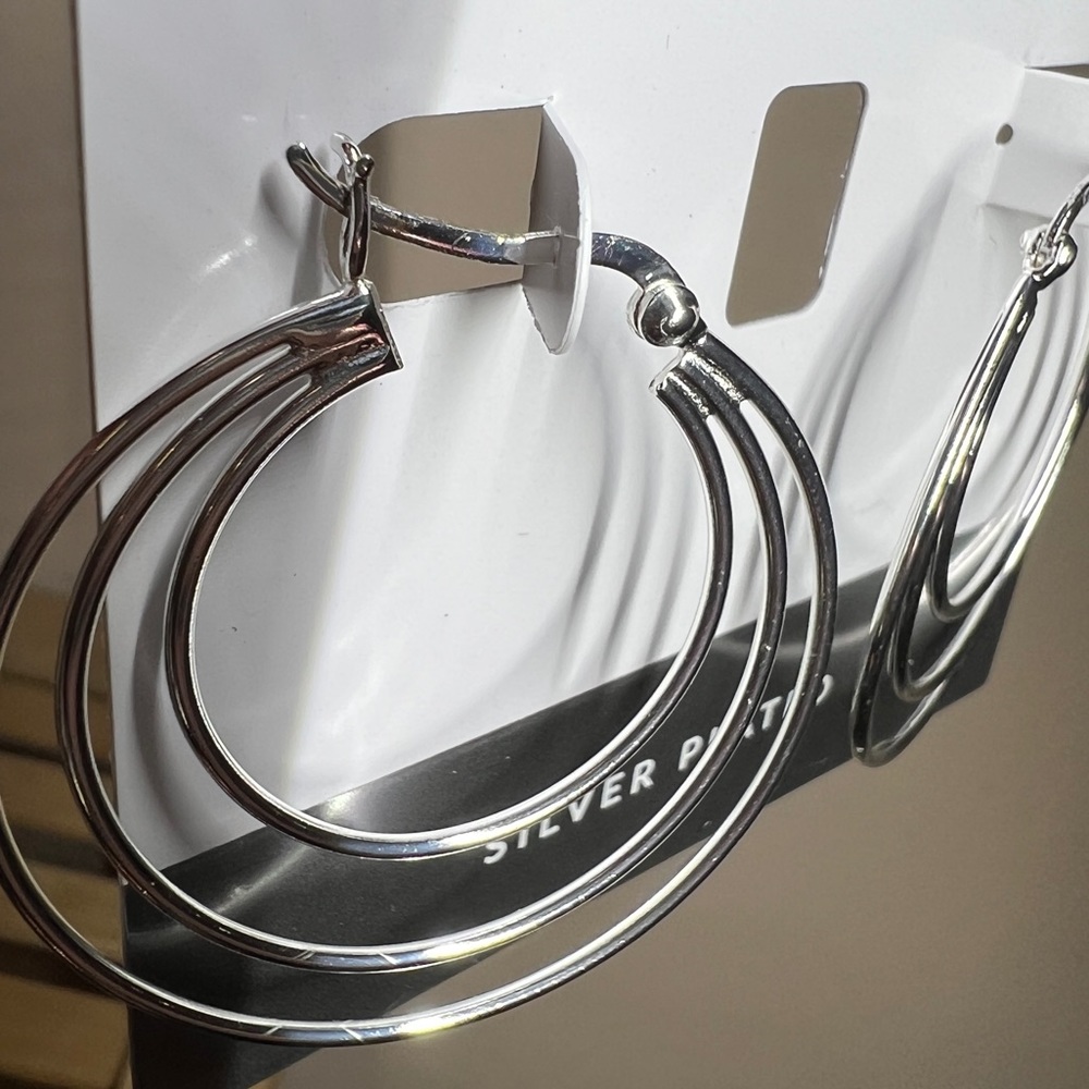 Essentials Silver Plated Triple Graduated Hoop Pierced Earrings 1 1/2” - Picture 7 of 8
